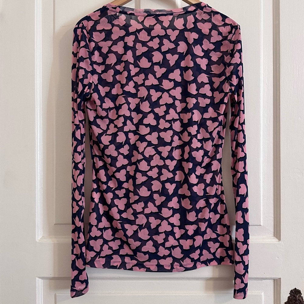 Diane von Furstenberg Logan Mesh Top Long Sleeve Leaf Shadow Blue Size Medium - Picture 4 of 6
